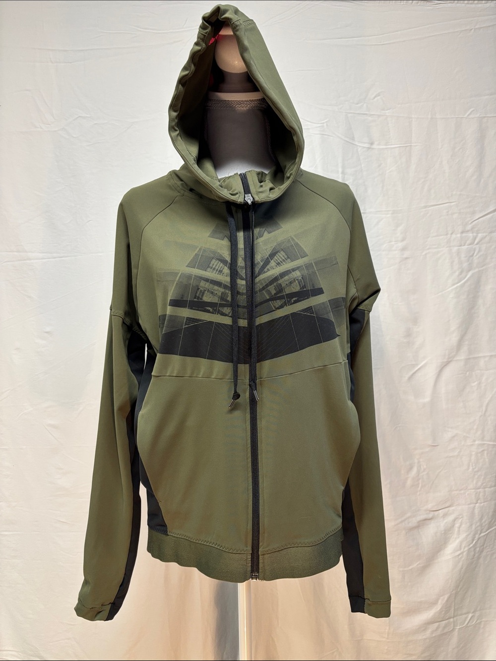 Adidas Olive Green Hooded Zip-Up Jacket with Black Graphic